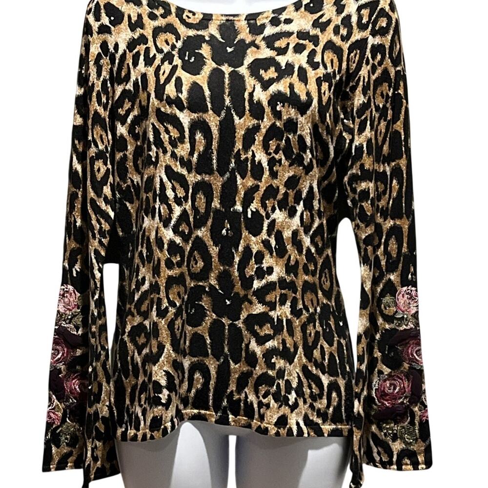 INC Animal Print Embroidered Bell‑Sleeve Top – Boho Statement Blouse – Women’s M